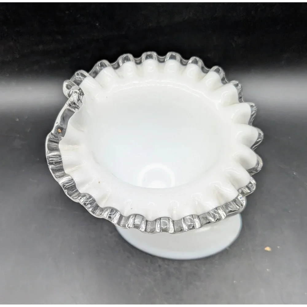 Fenton Milk Glass Silver Crest Ruffled Cornucopia Vase White Clear Edge Vintage